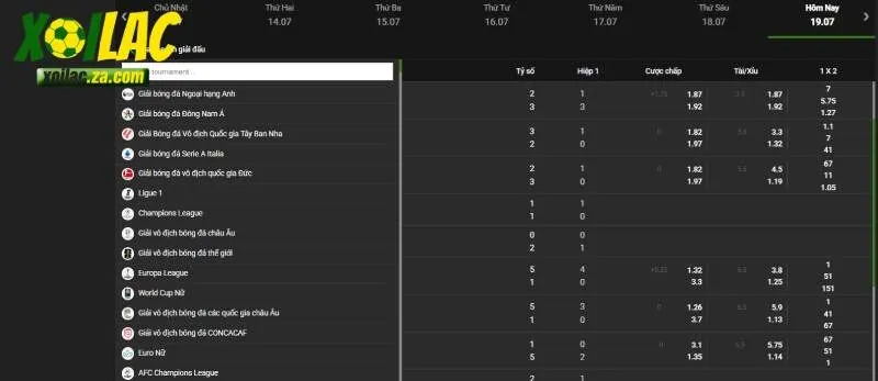 Giao diện danh mục tỷ lệ kèo tại Xôi Lạc